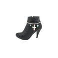 thumbnail image 5 of Women Silver Metal Chain Boot Bracelet Shoe Cross Charm Anklet Turquoise Blue, 5 of 16
