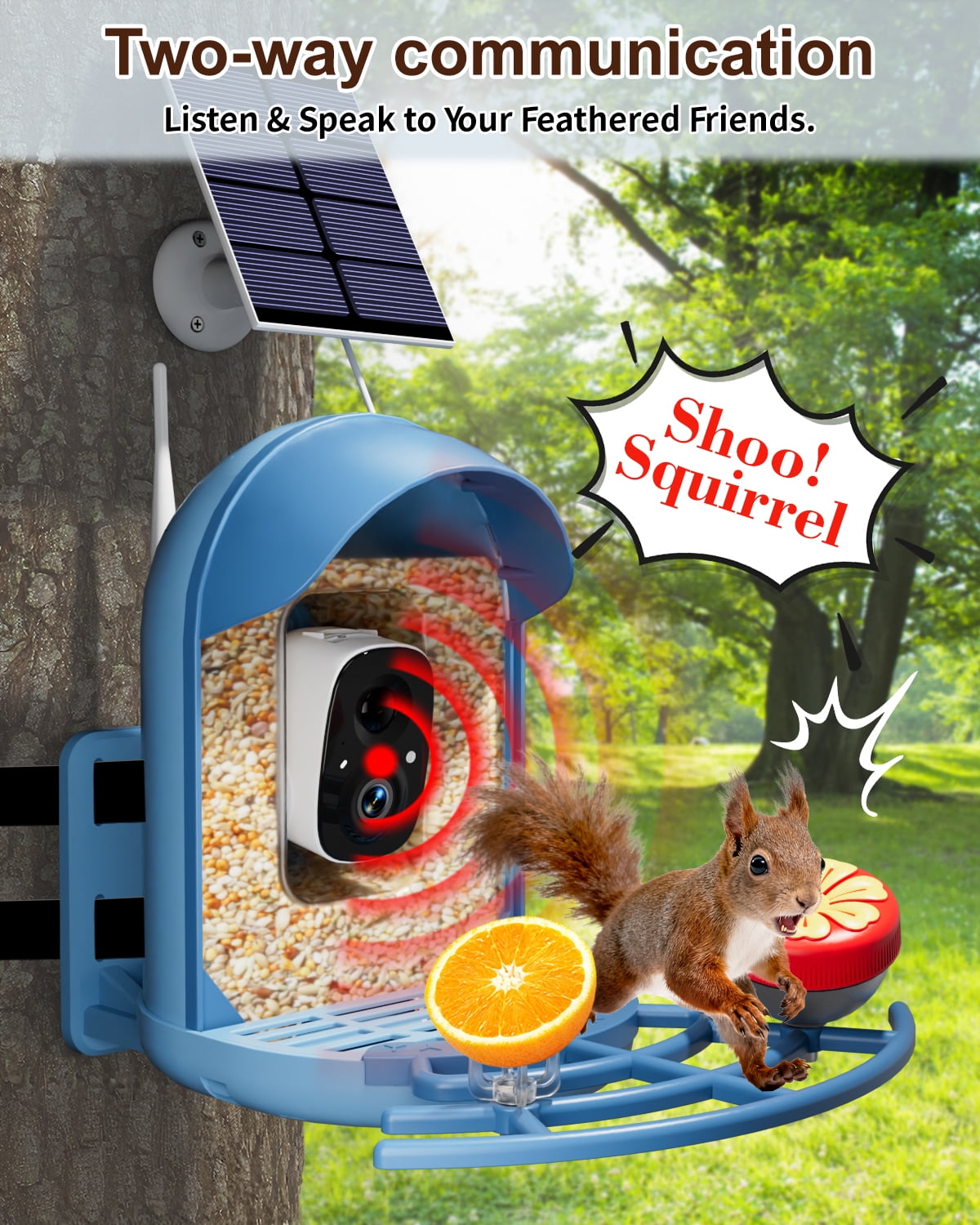Bird Feeder with Camera, 2K HD Camera Birds Feeder with Bath Wireless Outdoor, Solar Powered Bird Watching with APP Control, Night Vision, Motion Detection Alerts, IP66 Birdfeeder for Backyard, Blue