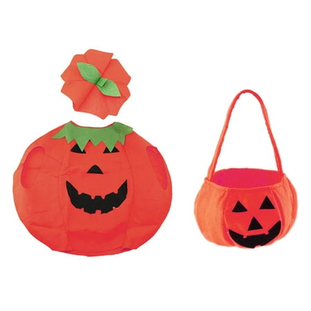 Halloween Pumpkin Costume Suit Outfit Dress Up Clothes With Bag for Kid Photo Booth Prop