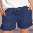 thumbnail image 2 of FRSASU Women's Casual Summer Shorts High Waisted Drawstring Elastic Solid Linen Straight Comfy Beach Vacation Short with Pocket Dark Blue, 2 of 8
