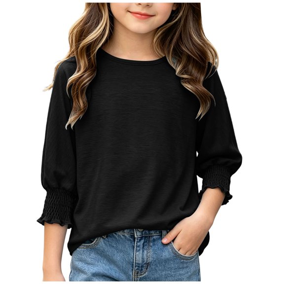 OYXSER Girls Casual 3/4 Sleeve Top with Ruffle Cuffs Soft Knit for School & Outings, Black 13-14Y
