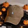 thumbnail image 2 of Byfri Khaki Halloween Ghost Embroidered Baseball Hat 56-62cm Adjustable Washed Cotton Dad Cap, 2 of 7