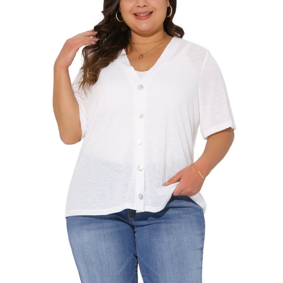 Agnes Orinda Plus Size Cardigan for Women Button Down Sheer Round Neck Short Sleeve Knitted Sweater 1X White