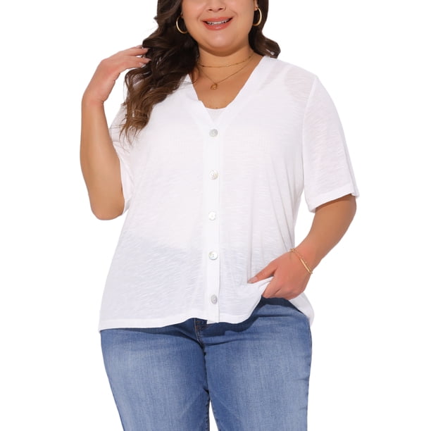 Cárdigan de Talla Grande Agnes Orinda para Mujeres, con Botones, Tejido Transparente, Cuello Redondo, Mangas Cortas, Suéter de Punto 3X Blanco