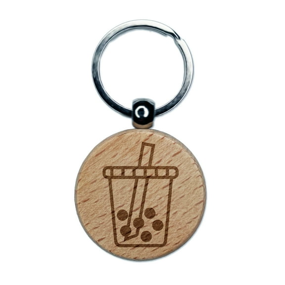 Boba Bubble Milk Tea Round Keychain Charm Tag - Engraved Wood