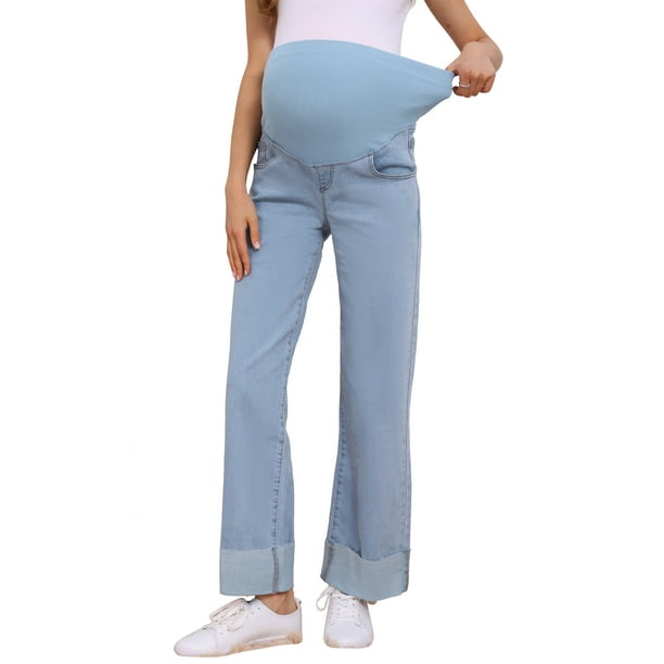 Jeans de maternidad de inspiración chic para mujeres, pantalones de mezclilla de pierna recta con puños, alta elasticidad sobre el vientre, pantalones para embarazadas, trabajo casual, L, azul claro