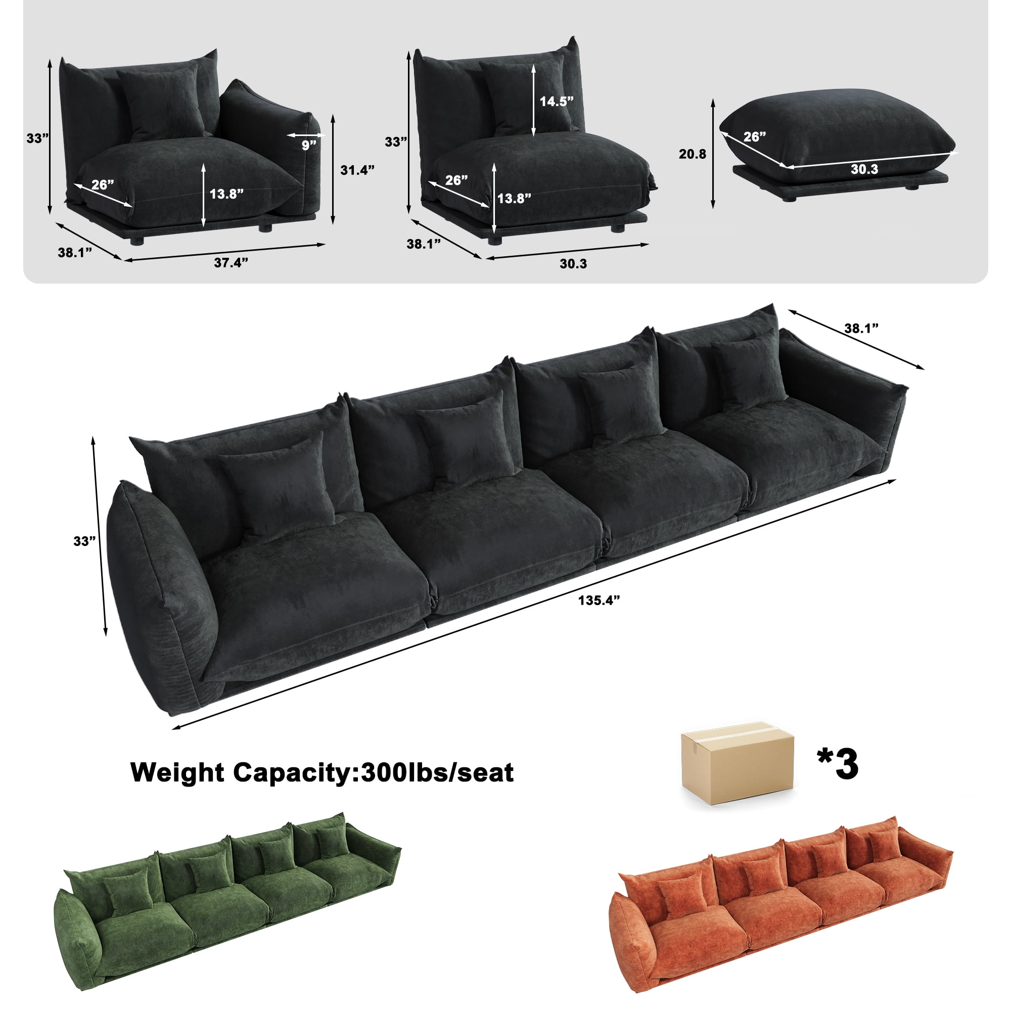 Advwin 136" 4-Seater Modular Sectional Sofa, Modern Oversized Cloud Couch with Thick Cushions for Living Room, Bedroom, Apartment, Small Spaces, Black