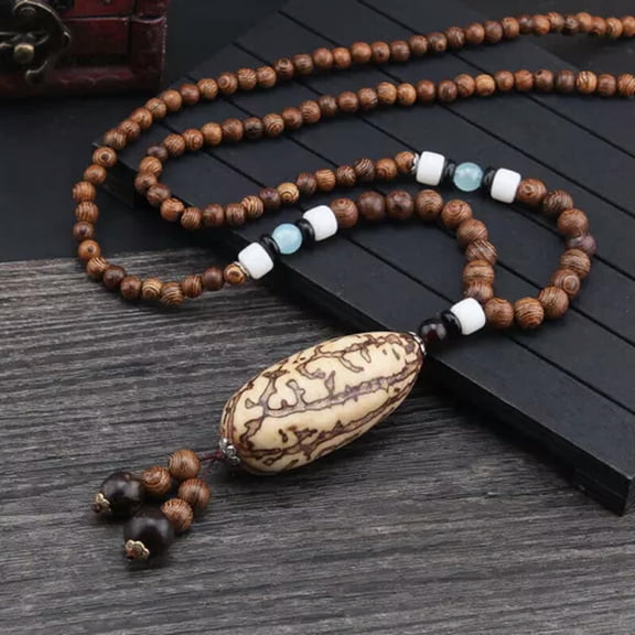 QQTDFG Vintage Wooden Beaded Pendant Necklace Long Sweater Chain Boho Carved Jewelry-#1
