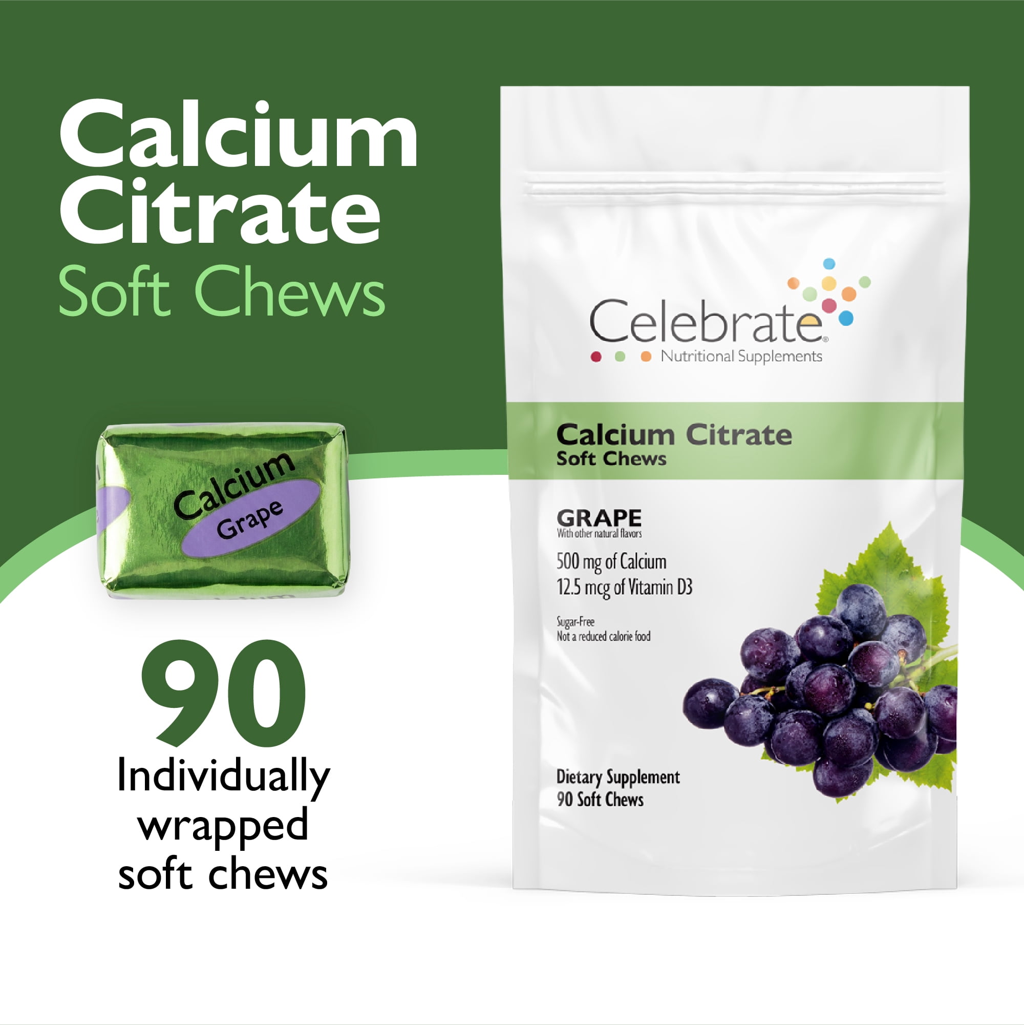 Celebrate Vitamins Bariatric Calcium Citrate Soft Chews, 500 mg, Grape, 90 count
