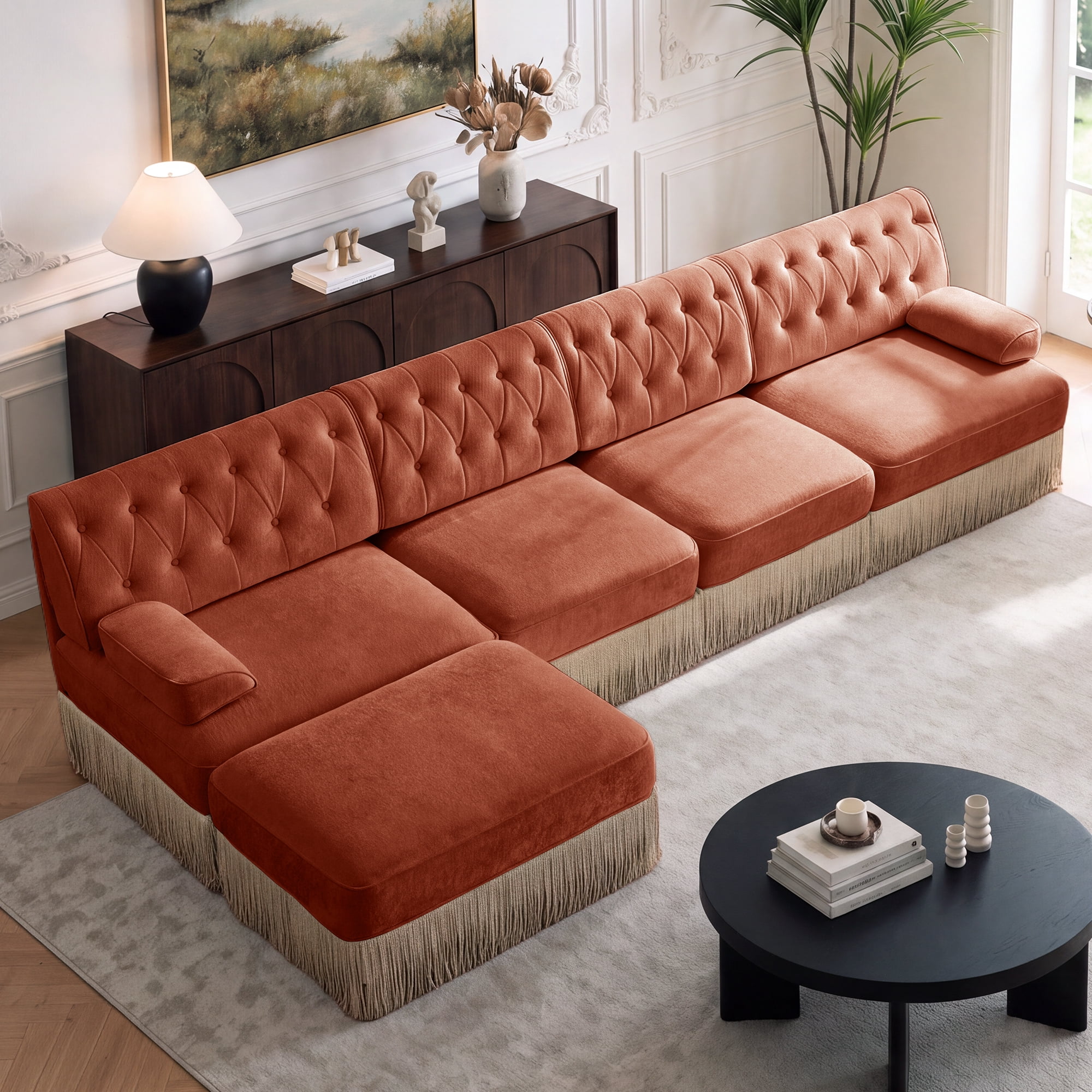 135" Chesterfield 4 Seater L-Shaped Modular Sectional Sofa Set with Ottoman and Tassel Skirt, Easy to Assemble