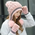 thumbnail image 2 of VISALY Women Knit Beanie Winter Ski Hat Cap with Earflap Pom Glove Set Women's Girls Cute Winter Cozy Earflap Knitted Pom Pom Ski Cap Hat Beanies with Matching Glove Mitten Set Pink One Size, 2 of 9
