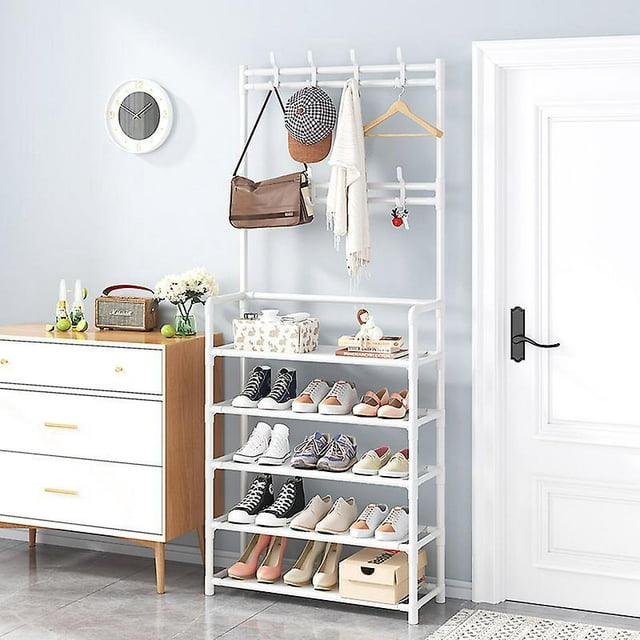 Zapatero de gran espacio, entrada de 5 niveles, portavasos, piso, multifuncional, para interior, todo en uno, color blanco