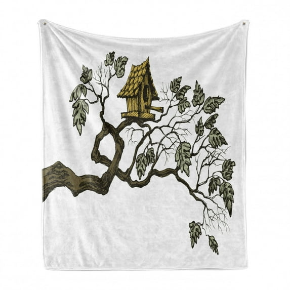 Tree House Soft Flannel Fleece Throw Blanket, Leafy Tree Branch and Little Bird Home, Cozy Plush for Indoor and Outdoor Use, 70" x 90", White Fawn Pale Khaki, by Ambesonne