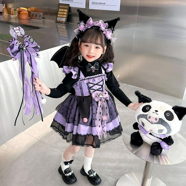 Vestido de Lolita de dibujos animados lindo de chica Kuromi de Anime, vestido de tutú de Sanrio para otoño e invierno, fiesta de cumpleaños, juego de rol, disfraz de Halloween, regalo