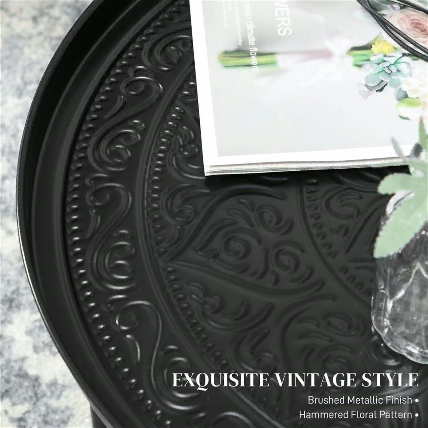 Demi Bonn 24" Round Living Room Coffee Table with Hammered Metal Frame, Pewter for Bedroom, Stylish Center Table, Black