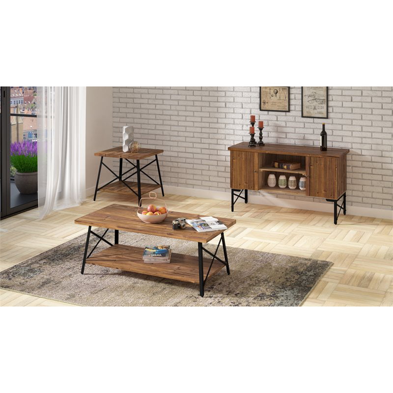 Pemberly Row Anston Rustic Industrial Wood and Steel Coffee Table in Natural Fir 
