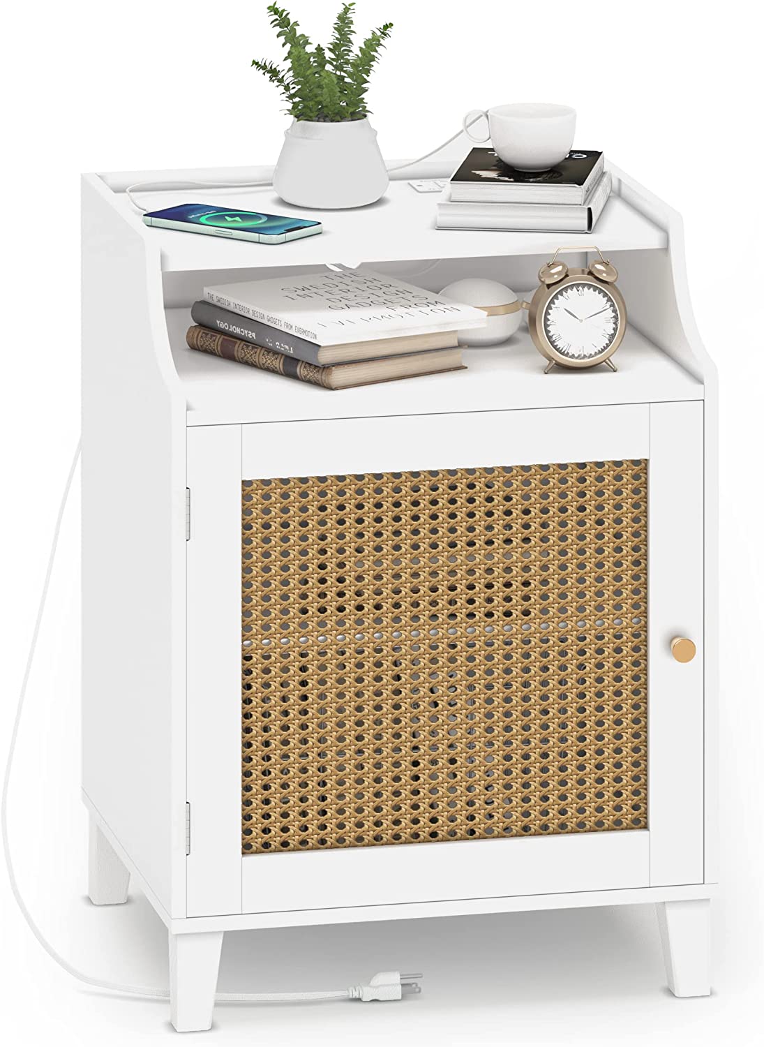 BBNBDMZ Rattan Nightstand Nightstand with Charging Station & Solid Wood
