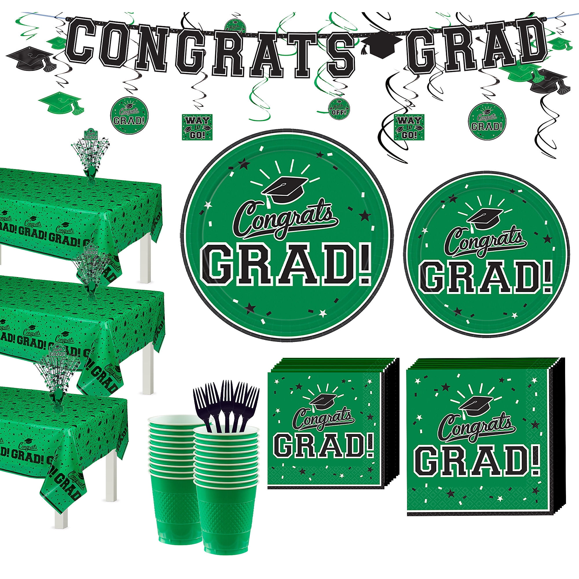 Party City Super Congrats Grad Green Graduation Party Kit for 54 Guests