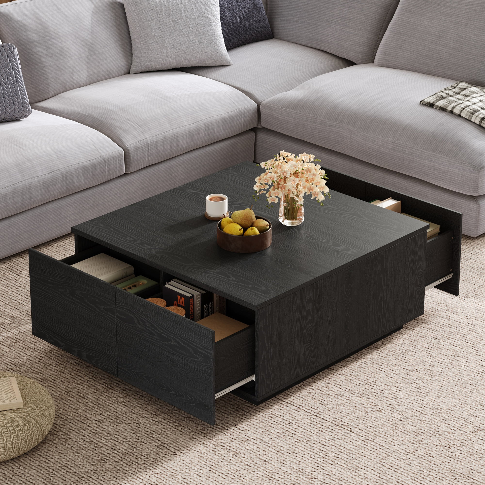 Euroco 33.25" Square Wooden Coffee Table with 4 Storage Drawers,Solid and Engineered Wood Construction