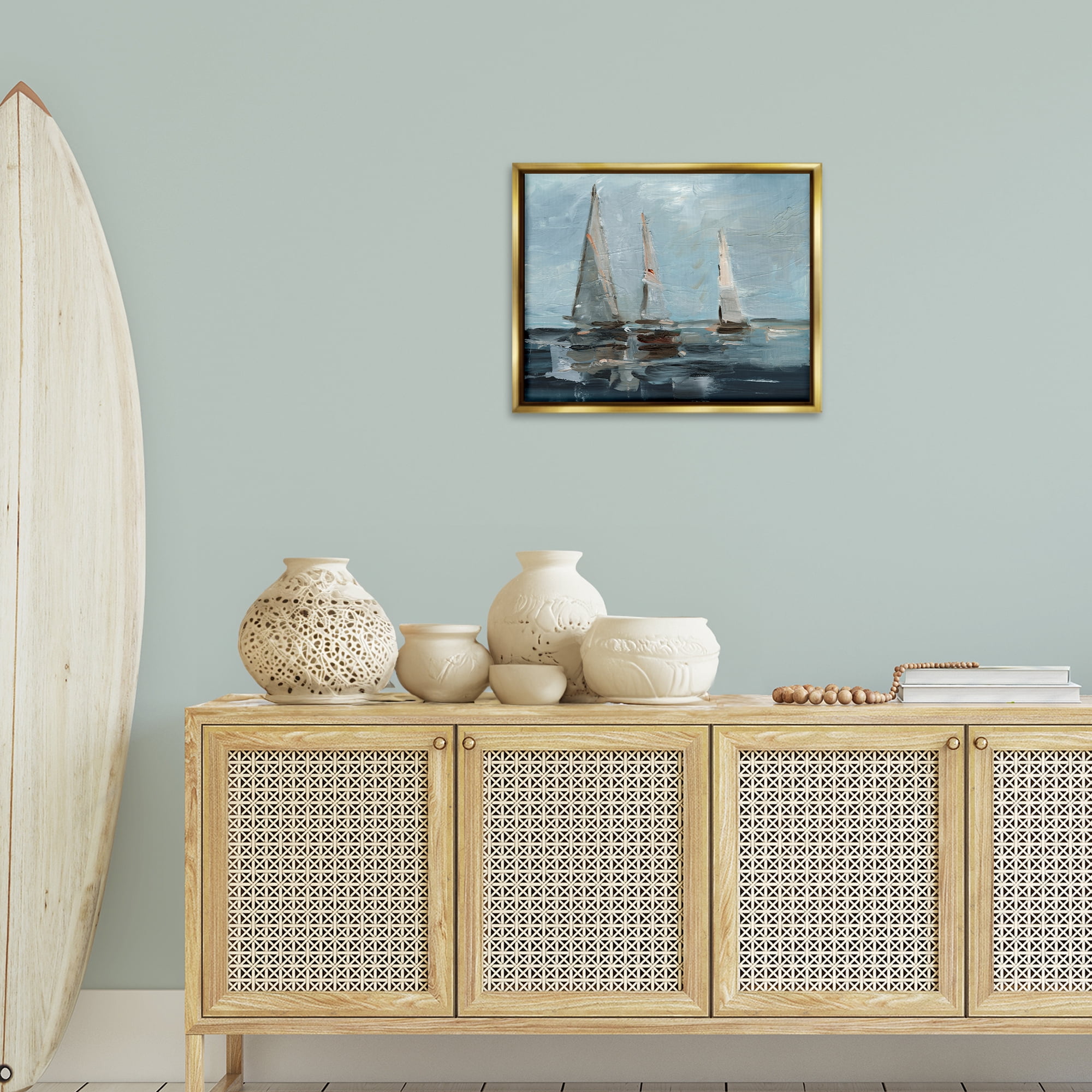 Stupell Industries Moody Sailboats Maritime Transportation Painting Gold Floater Framed Canvas Art Print Wall Art, 21 x 17