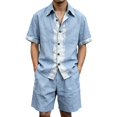 thumbnail image 5 of Migroa Men's Linen Shirts Shorts Outfits Beach 2 Pieces Sets Button Down Suit Casual Summer Tracksuit Vacation Clothes Matching Outfits Light Blue S, 5 of 8