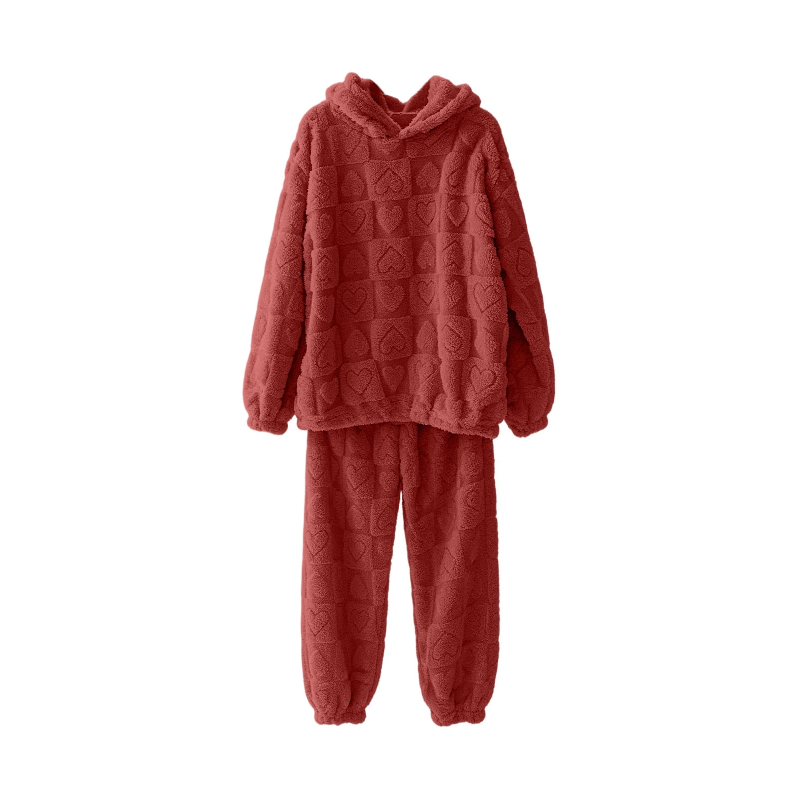Viluyesy Womens Fleece Pajama Set 2 Piece Embossed Heart Plush Loungewear Long Sleeve Hoodie Drawstring Jogger Pants Warm Cozy Sleep Pjs Wine Free Size