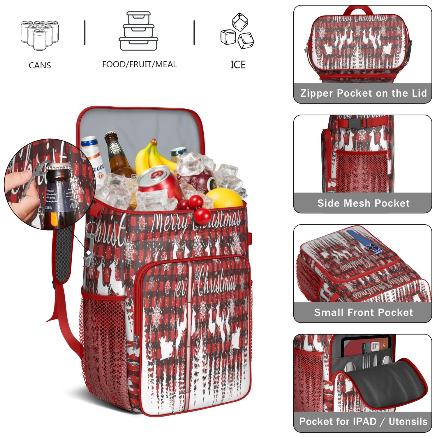 Travel Cooler Bag - Red Christmas Pattern Camping Beer Cooler Backpack with Bottle Opener- Waterproof Insulated Picnic Backpacks - Cooler Bag for Beach