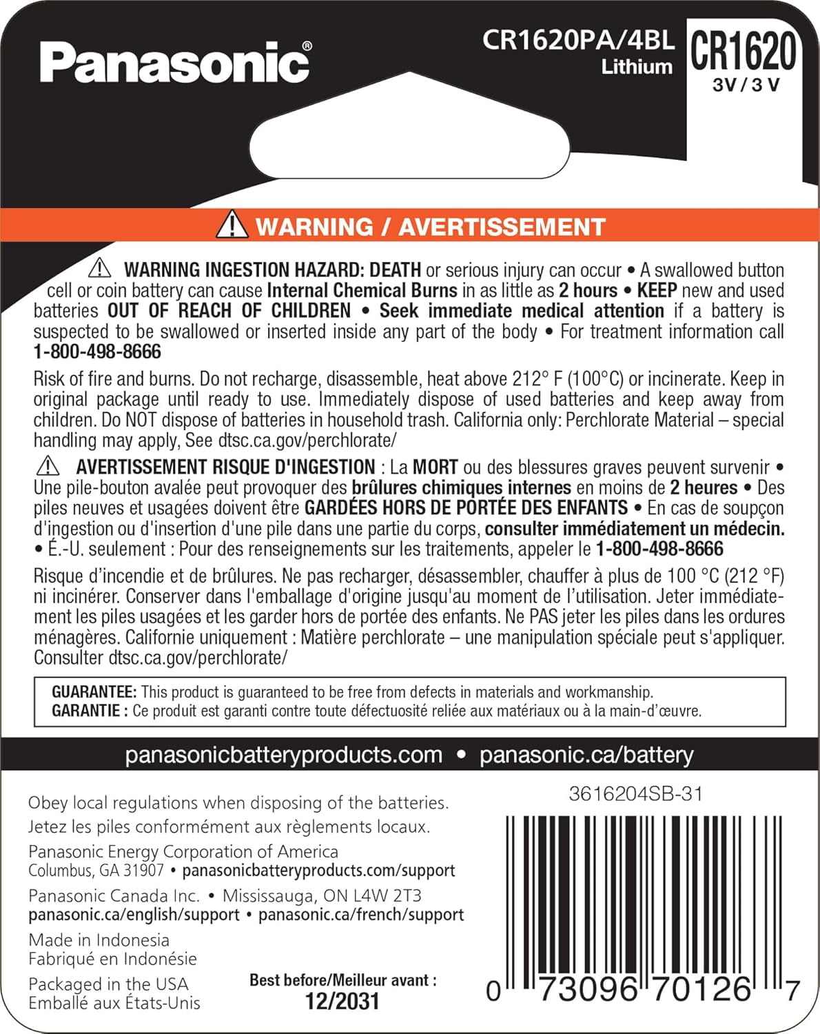 Panasonic CR1620 3.0 Volt Long Lasting Lithium Coin Cell Batteries in Child Resistant , Standards Based Packaging, 4 Pack