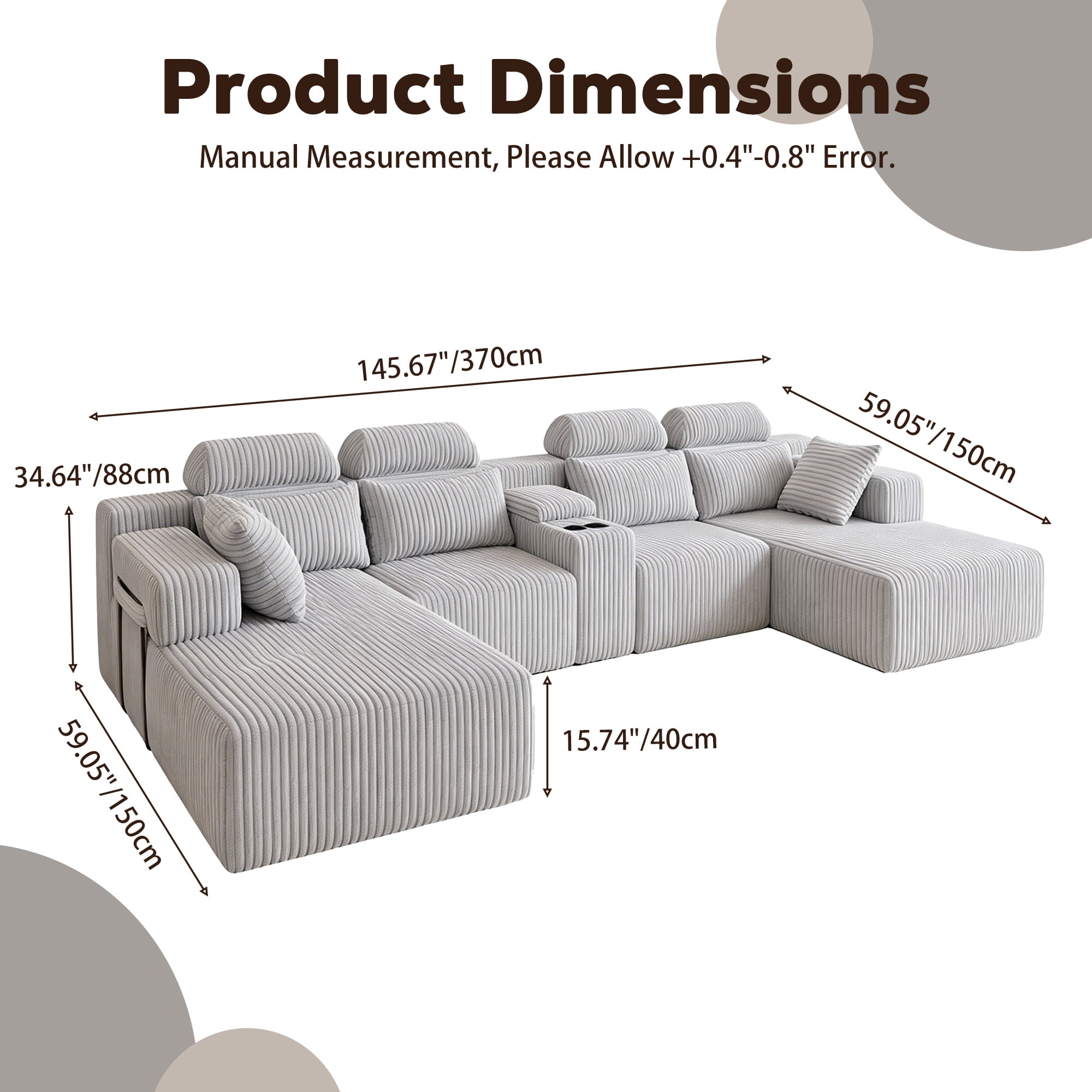 Leumius 145.7" U-Shaped Corduroy Sectional Sofa with Chaise,Cup Holders & Storage,Modern Modular 6-Seater Sofa Couch for Living Room,Gray