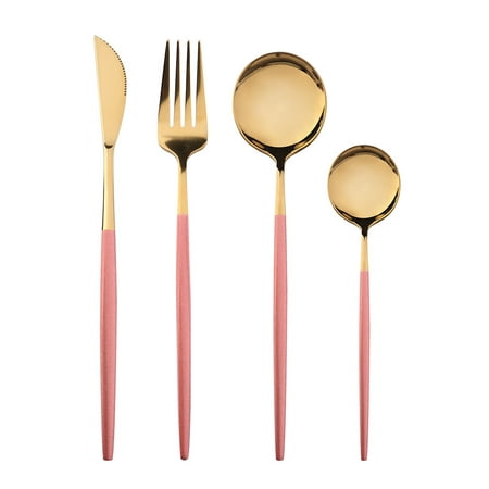 

Silverware Set Matte Gold Flatware Cutlery Set Satin Finish 4 Piece Stainless Steel Utensils Set for Home and Restaurant Dishwasher Safe Pink Handle Gold