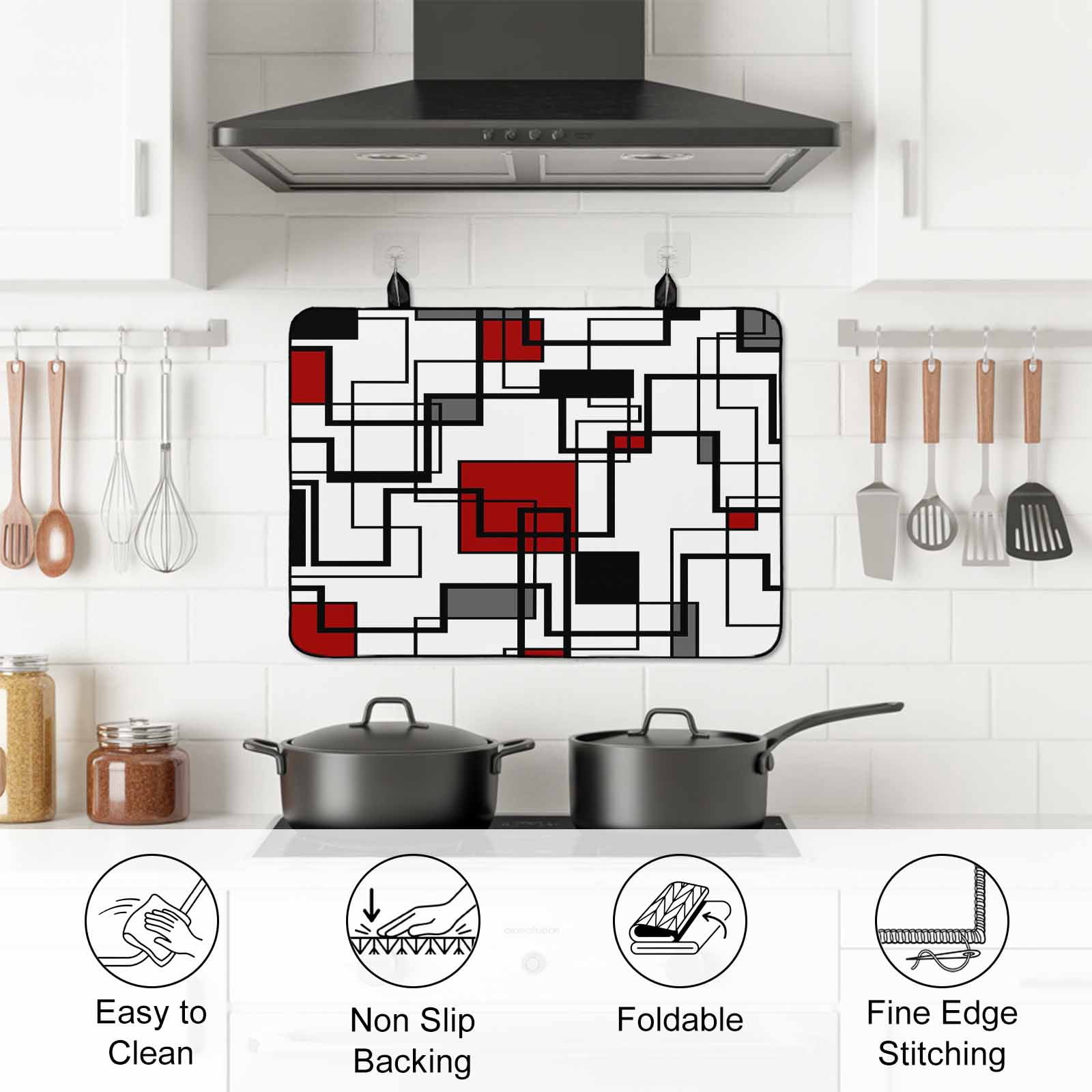Red Geometric Stove Top Cover for Electric Stove, Heat-proof & Non Slip Glass Top Stove Cover Protector, Modern Black Gray Abstract Striped Art Kitchen Flat Cooktop Rubber Mat 28.5x20.5 Inches