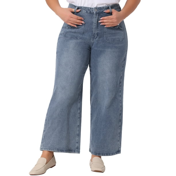 GRACE & GRANDEUR Pantalones de mezclilla de mujer de talla grande, de pierna ancha, de cintura alta, palazzo, casual, jeans de moda con bolsillos 1X Gris Azul