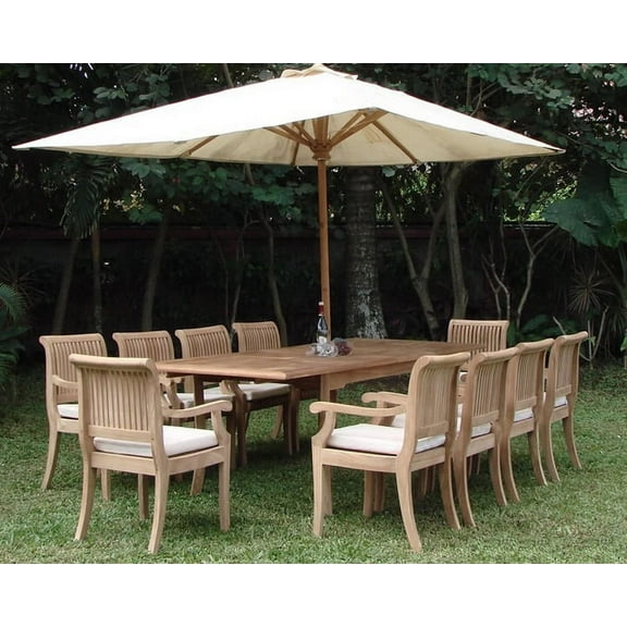 Teak Dining Set:10 Seater 11 Pc - 94" Double Extension Rectangle Table and 10 Giva Arm / Captain Chairs Outdoor Patio Grade-A Teak Wood WholesaleTeak #WMDSGVv
