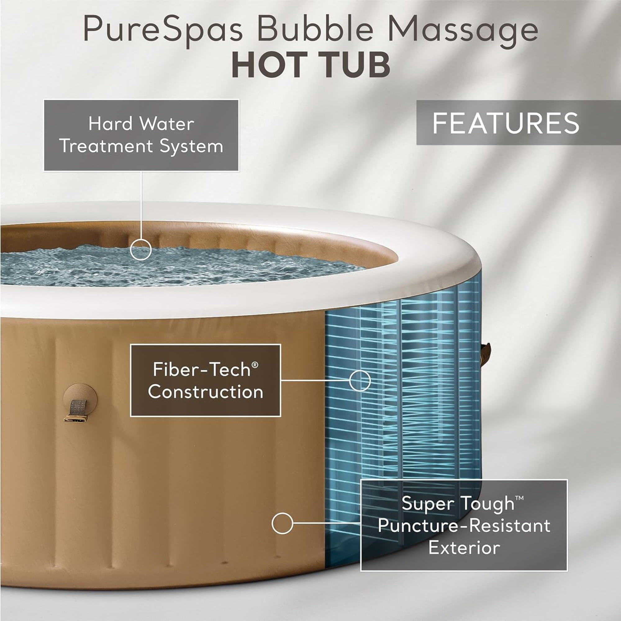 Intex: PureSpa: Sahara Tan Inflatable Hot Tub Set - 4 Person - 77" Round Outdoor Heated Bubble Spa, Jet Massage, Cover, Hard Water Treatment System