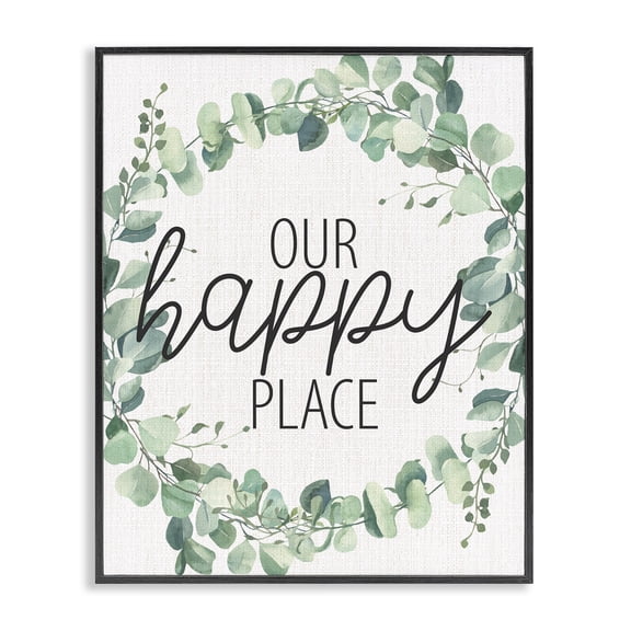 Stupell Industries Cottage Our Happy Place Greeting Green Eucalyptus Plant Wreath Black Framed Giclee Art, 11 x 14, by Kim Allen