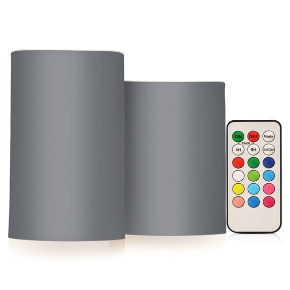 Grey Flickering Flameless Candles Battery Operated with Remote Timer LED Pillar Candles Set of 2