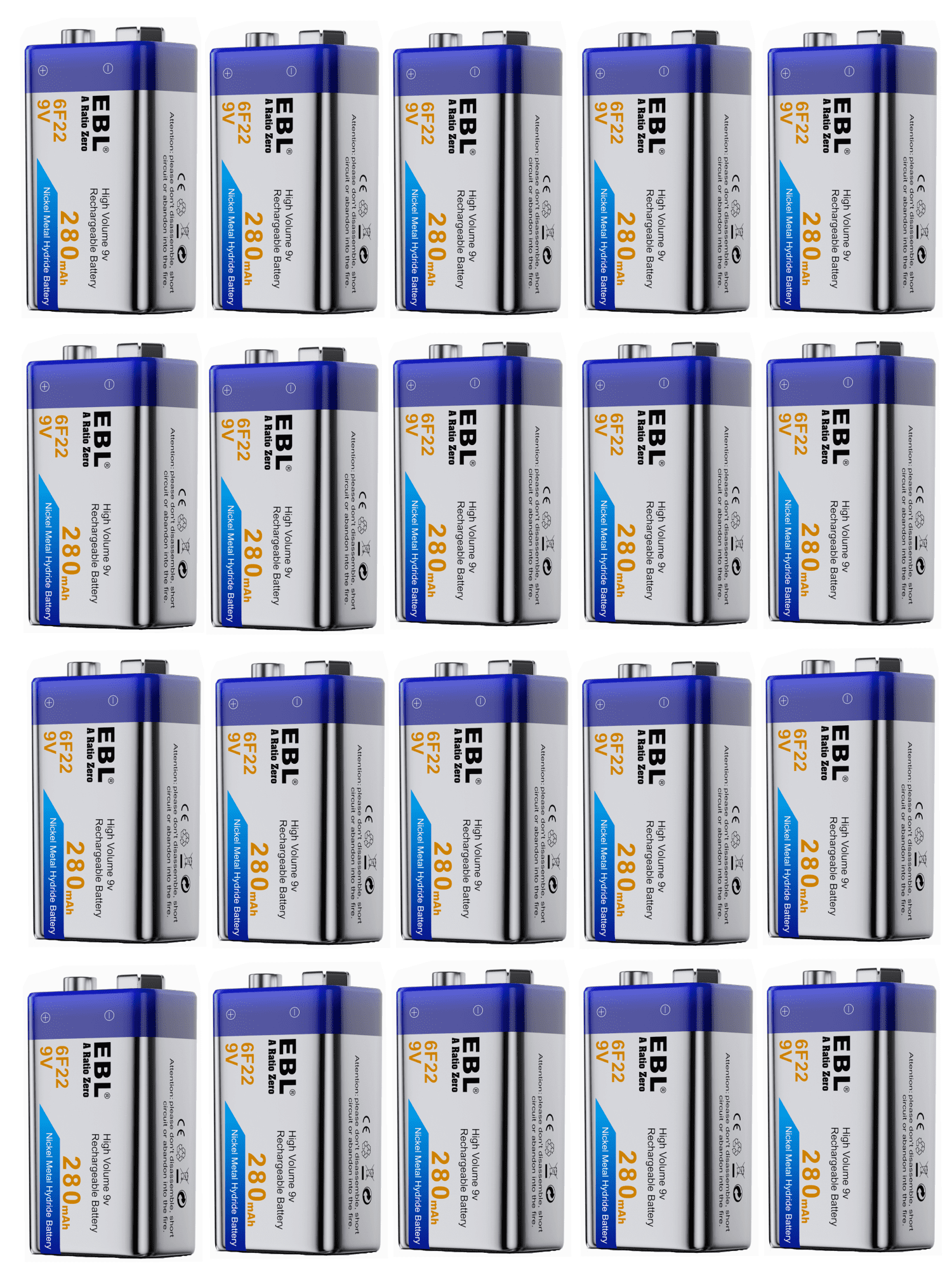 20 Pack EBL 280mAh 9V 6F22 Ni-MH Battery Rechargeable Batteries 9 Volt Battery