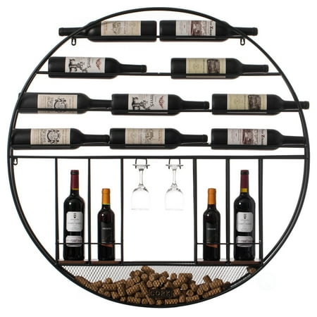 Vintiquewise Vintage Decorative Modern Black Metal Round Wall Mounted Wine Display Rack with Cork and Glass Holder Unassembled