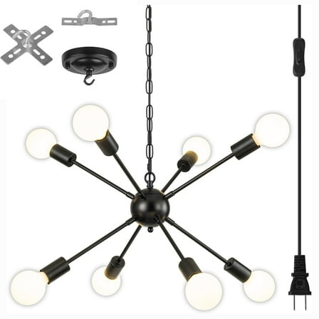 Senhu Plug-in Sputnik Chandeliers Black, 8 Lights Modern Sputnik Lighting Fixture with Adjustable Height for Dining Room, Living Room, Kitchen, Bedroom and Hallway