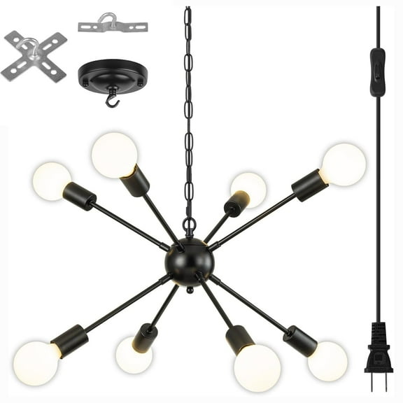Senhu Plug-in Sputnik Chandeliers Black, 8 Lights Modern Sputnik Lighting Fixture with Adjustable Height for Dining Room, Living Room, Kitchen, Bedroom and Hallway