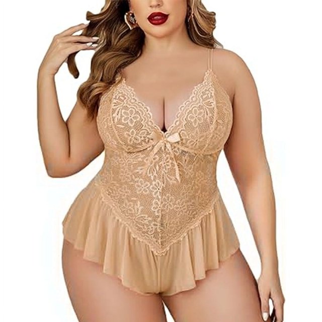 XmhyTop - Body de Lencería para Mujer Talla Grande (4XL) Camello, Sexy y de Encaje, Baby Doll de una Pieza