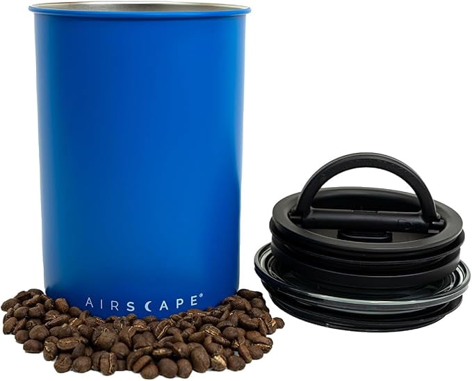 Planetary Design Airscape Stainless Steel Coffee Canister | Food Storage Container | Patented Airtight Lid | Push Out Excess Air Preserve Food Freshness (Medium, Matte Blue)