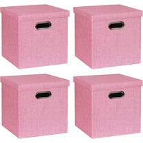 Storage Bins with Lids, Collapsible Linen Fabric Boxes Organizer Containers with Lid Foldable Storage Box Basket for Closet, Shelves, Home, Office, 11 x 11 x 11.4 Inch, 4 Pack, Pink
