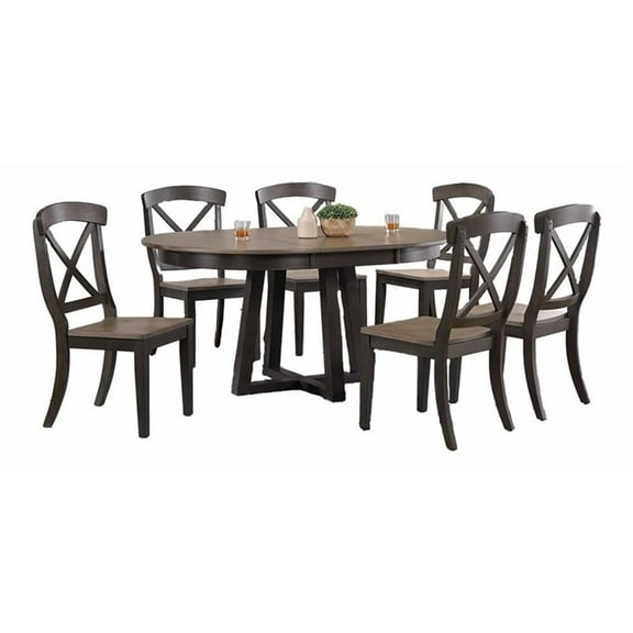 7-Pc X Wood Pedestal Dining Set in Gray/Black Stone