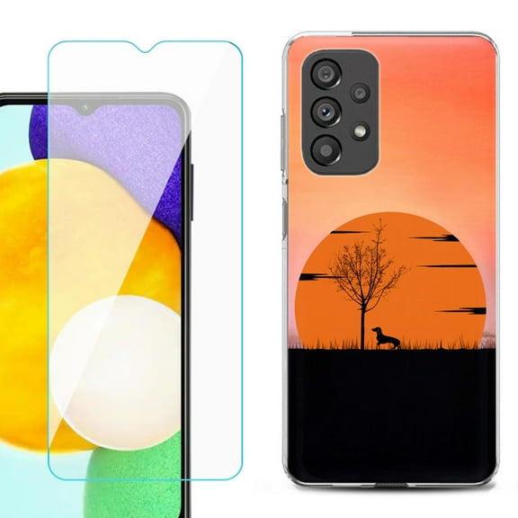 Slim-Fit Gel TPU Phone Case for Samsung Galaxy A23 5G, with Tempered Glass Screen Protector, by OneToughShield ® - Sunset Dachshund