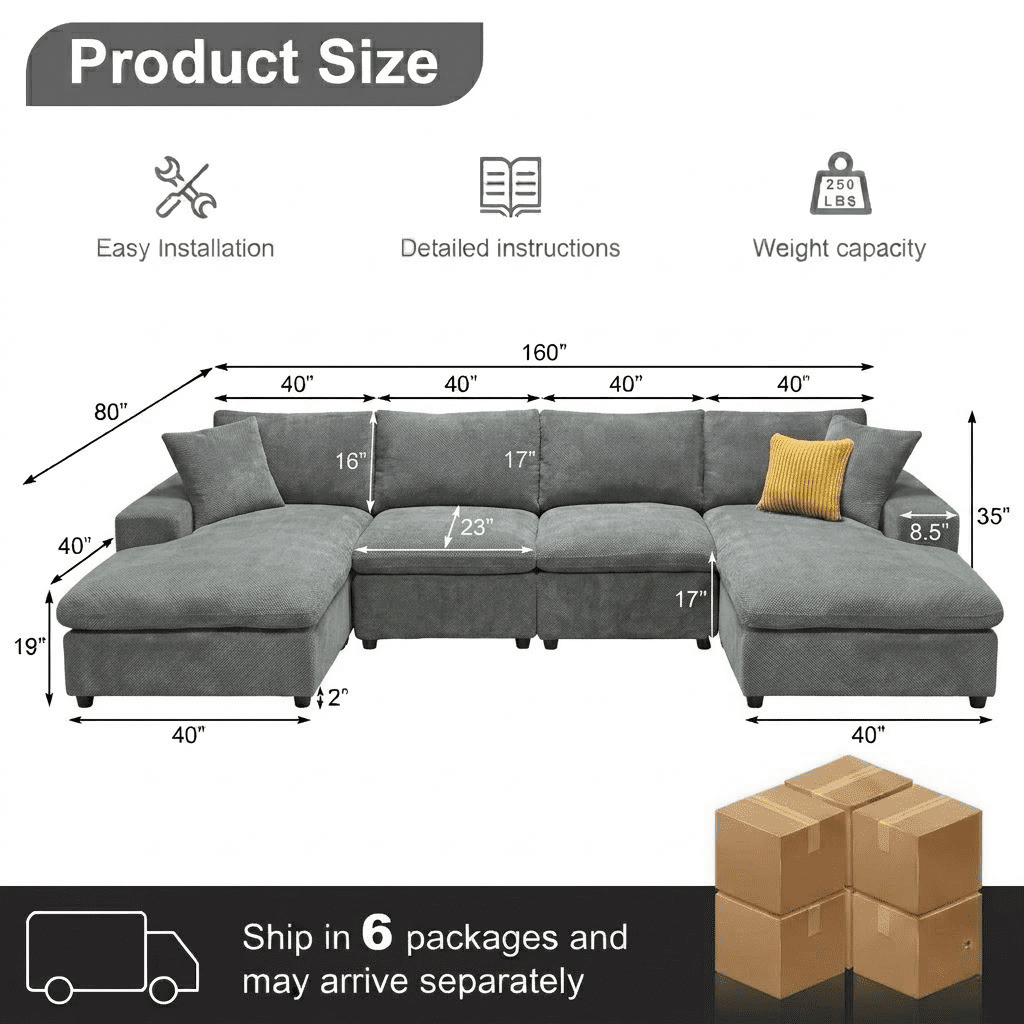 Howcool Cloud Couch Modular Sectional Sofa 6 Seat 160" U Shaped Convertible Couch Chenille Thick Cushion with 2 Storage Ottomans and Toss Pillows Washable Removable Cover for Living Room,Light Gray