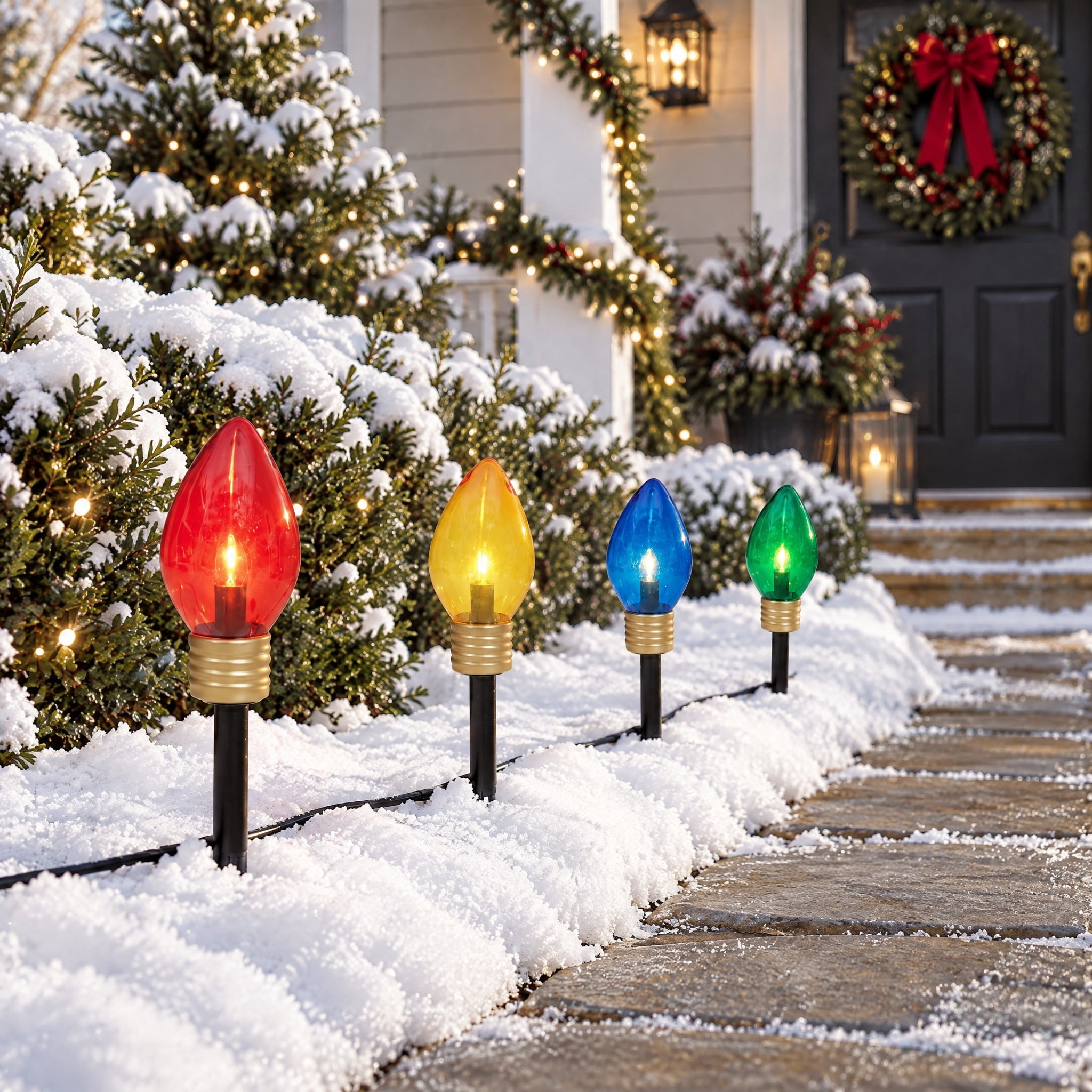 Indoor/Outdoor Jumbo LED C9 Christmas Bulb Pathway Lights, Multicolor, Set of 4, by Holiday Time