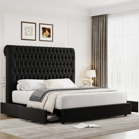 Homfa Cadre de Lit avec Tête de Lit de 54,7 Po de Hauteur, Lit Très Grand avec Rangement et Tête de Lit, Lit Rembourré Haut avec Pied de Lit et Tiroirs, Noir