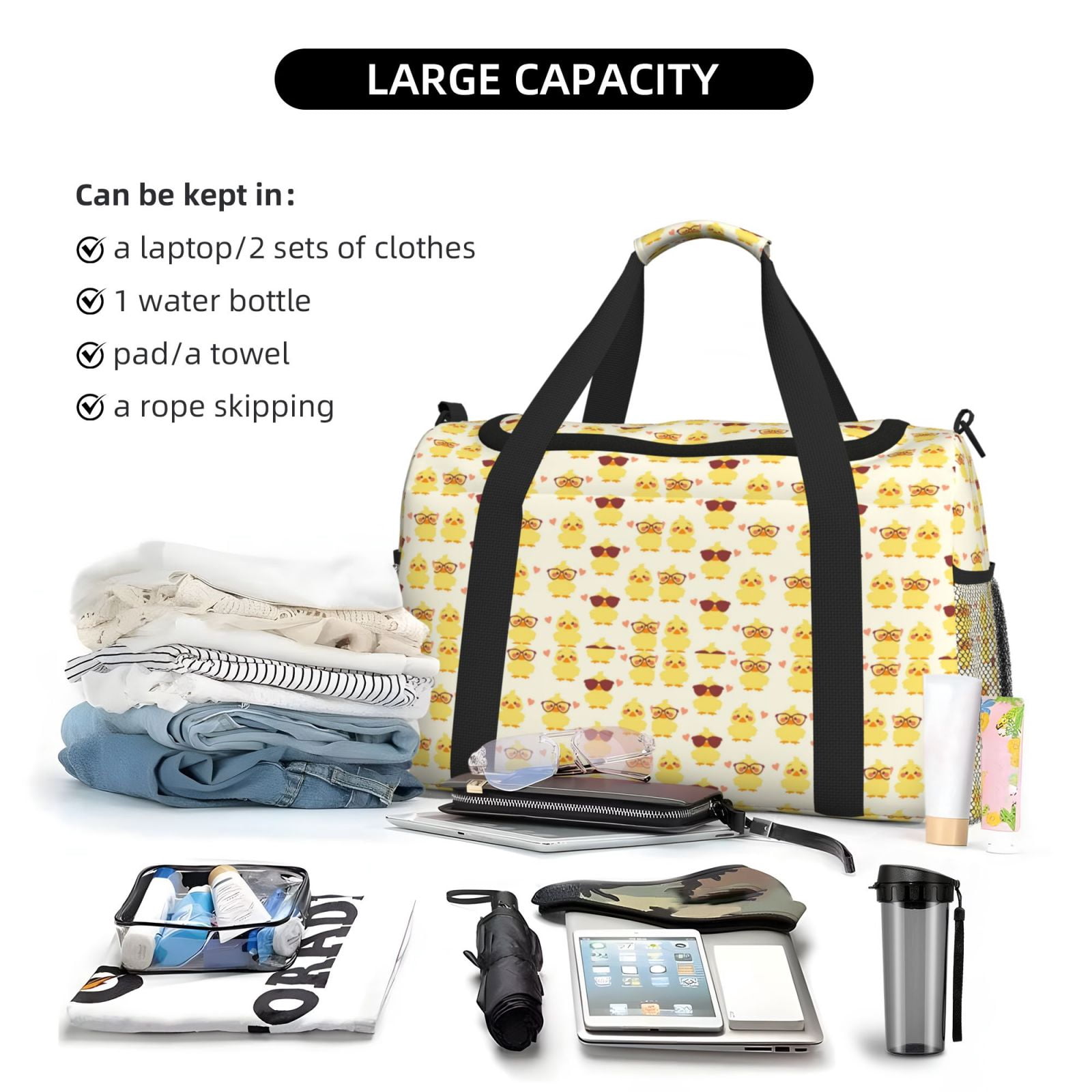 Fuzoiu Cute Yellow Duck Print Travel Duffle Bag,Carry On Tote Bags,Duffel Bag,Sport Gym Bag, Hospital Bag for Labor and Delivery, Overnight Bag,Luggage Bag
