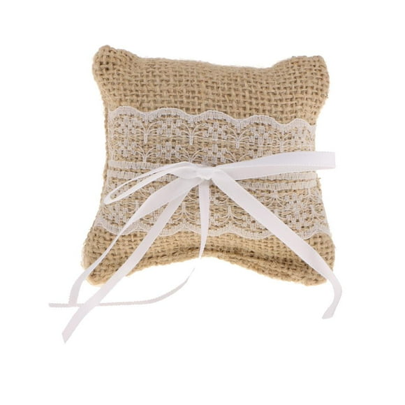 Decoración rústica del Bowknot del cordón de la almohada del portador del yute de la arpillera nupcial de la boda Zulema Almohada de anillo de bodas
